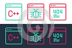 Set line Page with a 404 error, Software and System bug icon. Vector