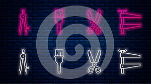 Set line Paint brush, Scissors, Drawing compass and Clamp tool. Glowing neon icon on brick wall. Vector