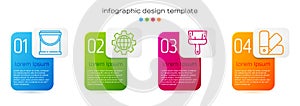 Set line Paint bucket, Globe of the Earth and gear, Paint brush and Color palette guide. Business infographic template