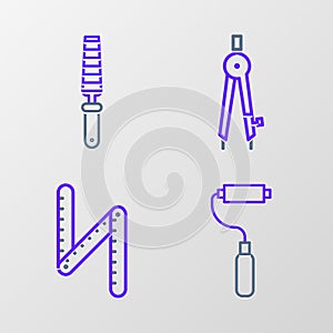 Set line Paint roller brush, Folding ruler, Drawing compass and Chisel tool for wood icon. Vector