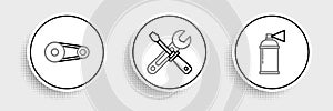 Set line Paint spray can, Timing belt kit and Screwdriver and wrench tools icon. Vector