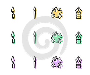 Set line Paint spray, Palette knife, brush and Fountain pen nib icon. Vector