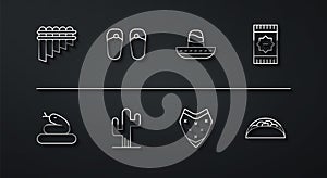 Set line Pan flute, Snake, Mexican carpet, Poncho, Cactus, Flip flops, Taco with tortilla and sombrero icon. Vector