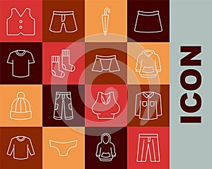 Set line Pants, Shirt, Hoodie, Umbrella, Socks, T-shirt, Waistcoat and Men underpants icon. Vector