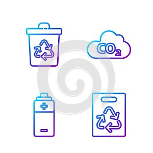 Set line Paper bag with recycle, Battery, Recycle bin with recycle and CO2 emissions in cloud. Gradient color icons