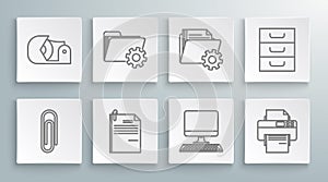 Set line Paper clip, Folder settings with gears, File document and paper, Computer monitor keyboard, Printer, Drawer