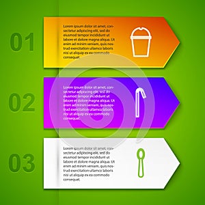 Set line Paper glass water, Drinking plastic straw, Disposable spoon and Shopping bag with recycle. Business infographic