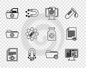 Set line Paper page with eye, Clinical record on monitor, Magnet money, Health folder, Genetic engineering, and icon