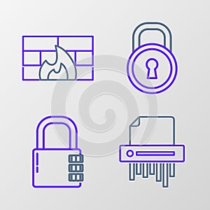 Set line Paper shredder confidential, Safe combination lock, Lock and Firewall, security wall icon. Vector