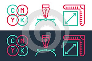 Set line Paper size, CMYK color mixing and Fountain pen nib icon. Vector