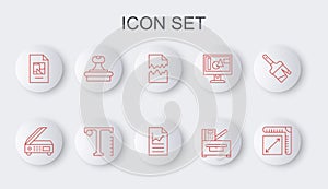 Set line Paper size, Scanner, Torn document, Copy machine, File, Stamp, Text and Document with graph chart icon. Vector