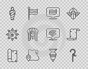 Set line Papyrus scroll, Crook, Flag Of Egypt, Map of, mummy, Egyptian pharaoh, vase and icon. Vector