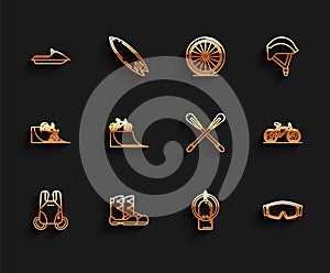 Set line Parachute, Boots, Jet ski, Aqualung, Ski goggles, Bicycle on street ramp, and Crossed paddle icon. Vector