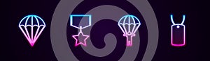 Set line Parachute, Military reward medal, and dog tag. Glowing neon icon. Vector