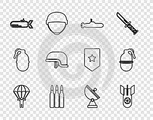 Set line Parachute, Nuclear bomb, Submarine, Bullet, Military helmet, Radar and Hand grenade icon. Vector