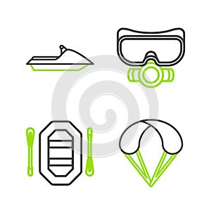 Set line Parachute, Rafting boat, Diving mask and Jet ski icon. Vector
