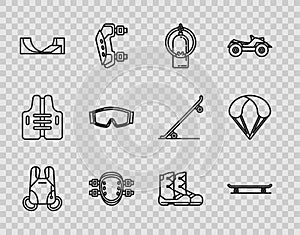 Set line Parachute, Skateboard, Aqualung, Knee pads, park, Ski goggles, Boots and icon. Vector