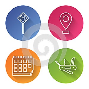 Set line Parking, Location, Calendar and Swiss army knife. Color circle button. Vector