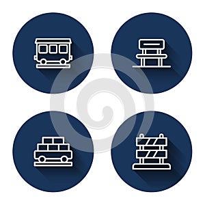 Set line Passenger train cars, Waiting hall, Cargo wagon and End of railway tracks with long shadow. Blue circle button