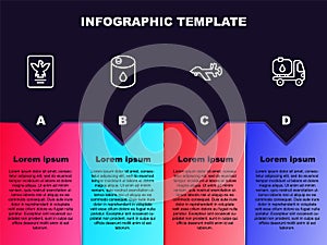 Set line Passport, Barrel oil, UAV Drone and Fuel tanker truck. Business infographic template. Vector