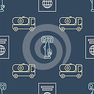 Set line Passport, Fuel tanker truck and Aircraft steering helm on seamless pattern. Vector