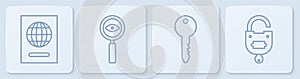 Set line Passport, Key, Magnifying glass Search and Lock and key. White square button. Vector