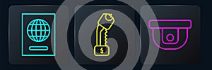 Set line Passport, Motion sensor and Police electric shocker. Black square button. Vector photo