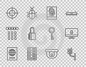Set line Passport, Security camera, Fingerprint, Server, Data, Web Hosting, Target, Safe combination lock, Motion sensor