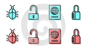 Set line Passport, System bug concept, Open padlock and Safe combination lock icon. Vector