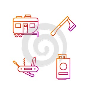 Set line Passport with ticket, Swiss army knife, Rv Camping trailer and Wooden axe. Gradient color icons. Vector