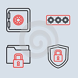 Set line Password protection, Folder and lock, Shield security with and Safe icon. Vector