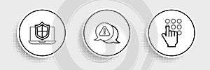 Set line Password protection, Laptop protected with shield and Exclamation mark in triangle icon. Vector