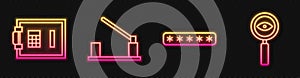 Set line Password protection, Safe, Parking car barrier and Magnifying glass Search. Glowing neon icon. Vector