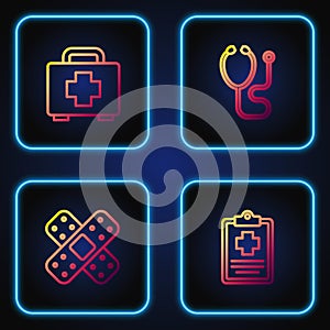 Set line Patient record, Crossed bandage plaster, First aid kit and Stethoscope. Gradient color icons. Vector