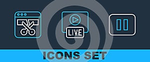 Set line Pause button, Video recorder or editor and Live stream icon. Vector