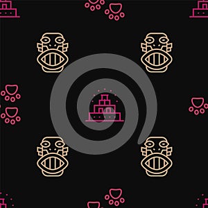 Set line Paw print, Mexican mayan or aztec mask and Chichen Itza Mayan on seamless pattern. Vector