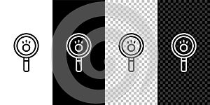 Set line Paw search icon isolated on black and white background. Magnifying glass with animal footprints. Vector