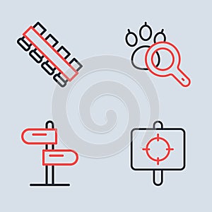 Set line Paw search, Road traffic sign, Target sport and Hunting cartridge belt icon. Vector