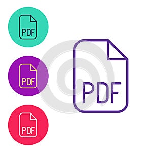 Set line PDF file document. Download pdf button icon isolated on white background. PDF file symbol. Set icons colorful