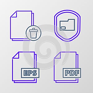 Set line PDF file document, EPS, Document folder protection and Delete icon. Vector