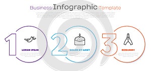 Set line Peace dove with olive branch, Easter cake and candle and Hands in praying position. Business infographic