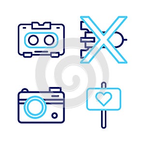 Set line Peace, Photo camera, No war and Retro audio cassette tape icon. Vector