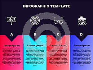Set line Peace, Yin Yang symbol, Glasses and Hippie camper van. Business infographic template. Vector