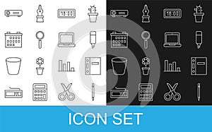 Set line Pencil with eraser, Office folders, Marker pen, Digital alarm clock, Magnifying glass, Calendar, Movie, film