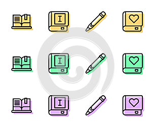 Set line Pencil with eraser, Open book, Book and Romance icon. Vector