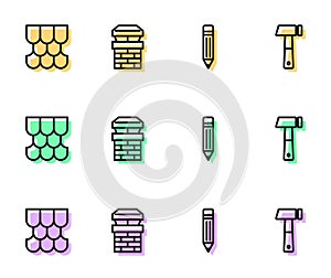 Set line Pencil with eraser, Roof tile, Chimney and Hammer icon. Vector