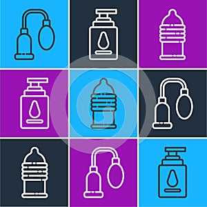 Set line Penis pump, Condom safe sex and Personal lubricant icon. Vector