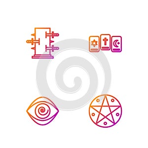Set line Pentagram in a circle, Hypnosis, Trunk for magic tricks and Three tarot cards. Gradient color icons. Vector