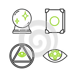 Set line Pentagram, Masons, Ancient magic book and Magic ball icon. Vector