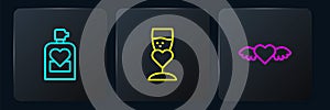 Set line Perfume, Heart with wings and Glass of champagne. Black square button. Vector